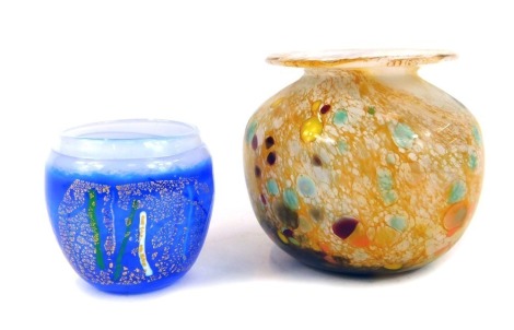 Two items of Art glass, comprising a Yankee pattern yellow spotted vase, with flattened rim, 10cm high, and a blue and frosted glass jar, 7cm high. (2)