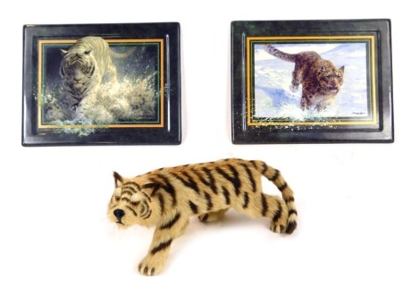 Two Bradford Exchange Tiger collector's plaques, 17cm x 23cm, and mohair model of a tiger, 9cm wide. (3)