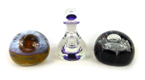 Three glass paperweights, comprising a Selkirk glass unmarked paperweight, Caithness Night Venture, 32/1500, and Winter Moon, 17/1000. (3)