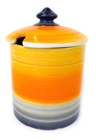 A Shelley mustard preserve pot and lid, with chrome and orange striped decoration, black Shelley stamp to underside, 11cm high. (AF)