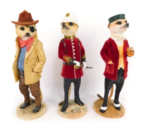 Three Country Artists meerkat figures, comprising Duke CA04275, Alexi CA02897, and Granville CA02910, 28cm high.