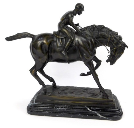 Manner of P J Mene. Horse and jockey, bronze, bearing name Mene to base, mounted on a stepped marble base, 34cm high overall.