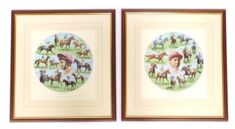 After Roy Miller (b.1938). Epsom's Tribute to Lester Piggott 1953-1969 and 1970-1984, signed limited edition number 64/950, also signed by Lester Piggott, with certificates of authenticity, 35cm x 32cm. (2)