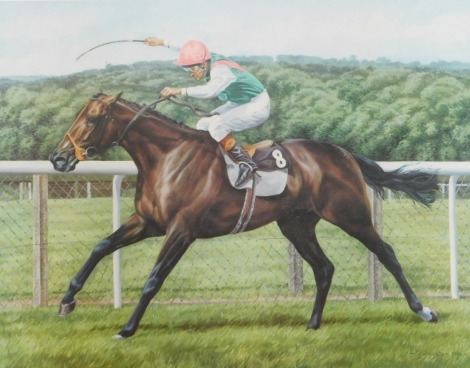 After S J Wingate. Dancing Brave, Pat Eddery Up, King George V and Queen Elizabeth Diamond Stakes, Ascot 1986, signed limited edition print number 249/500, 40cm x 50cm.