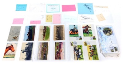 A group of horse racing related memorabilia, to include signatures for John Burke jockey and Grand National Winner 1976, Gary Carter, Steve Knight, Eddie Arcaro, various signed and unsigned postcards, first day covers, jockey star cards, some signed, etc.