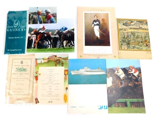 A group of horse racing memorabilia, to include an Irish 1000 guineas race card for 25th May 1991, signed 1995 Lesters Programme, further race cards to include Orontes Jockey Club Race Meeting 19th August 1931, Coastlines Limited race meeting cards for Au