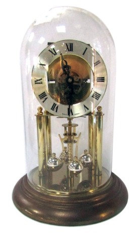 A German brass anniversary clock, with a circular silvered Roman numeric dial, with brass movement stamped S Haller, with glass dome, on circular foot, 30cm high.