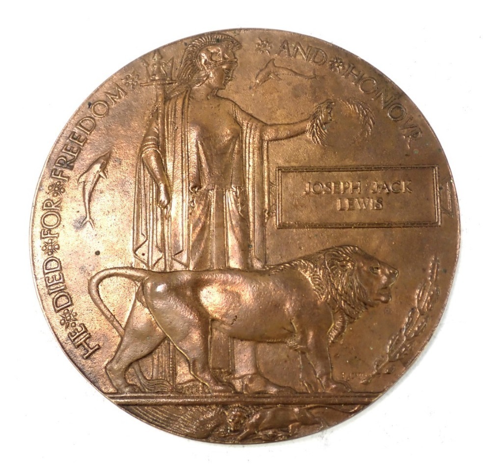 A World War I bronze death penny, named to Joseph Jack Lewis, 12cm ...