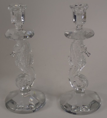 A pair of Waterford crystal candlesticks, each with a seahorse shaped column and a faceted tapering foot, 29cm high, boxed. - 2