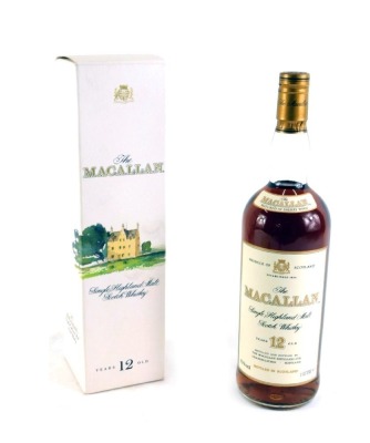 A bottle of The Macallan single Highland malt Scotch whiskey, twelve years old, with box.