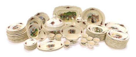 A Sarreguemines faience dinner service, decorated with designs after H. Loux, the scenes of French provincial towns, figures wearing local costume, etc., printed marks in black to underside.