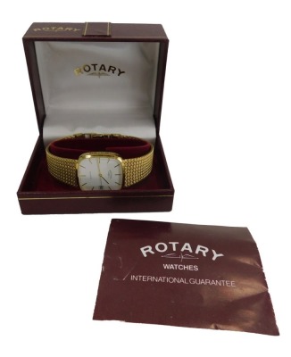 A Rotary gentlemans wristwatch, on a plated strap with white face, and date aperture with quartz movement, 2.5cm wide, boxed.