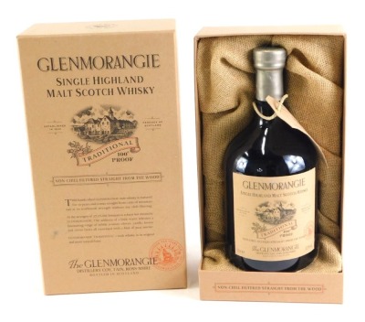 A bottle of Glenmorangie traditional 100% proof whisky, 1ltr in original fitted box.