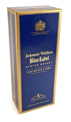 A bottle of Johnnie Walker blue label Scotch whisky, in original box and packaging.