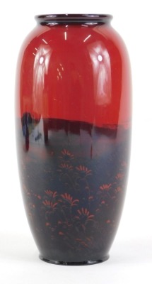 A Royal Doulton Flambe bullet shaped vase, decorated in silhouette, etc., with a ploughing scene, printed marks in black to underside, 22cm high. - 2