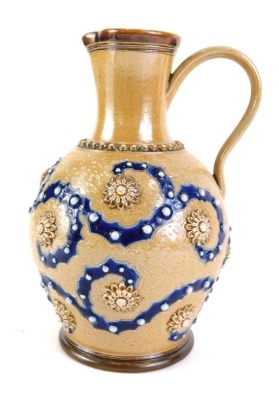 A Royal Doulton Lambeth ware limited edition stoneware jug, in the manner of George Tinworth, number 48/100, artist monogram to underside, impressed marks, 22cm high.