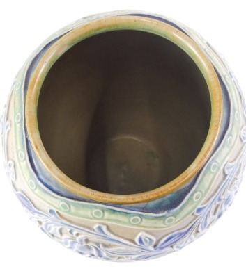 A Royal Doulton stoneware vase, with sgraffito decoration of flowers and leaves, in blue within green bands, above a mottled blue base, indistinct impressed marks to underside, 20cm high. - 3