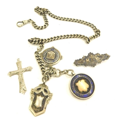 A group of silver and white metal jewellery, comprising a silver watch chain, with clip and three fobs, the chain 44cm long, a silver Victorian May brooch, and a plated crucifix, 68g all in.