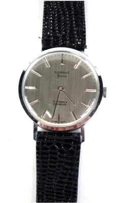 A Summit Geneva stainless steel gentleman's wristwatch, with a silvered coloured dial, and 17 jewelled Incablock movement, numbered 3699, on black leather strap, the dial 3cm wide, boxed.