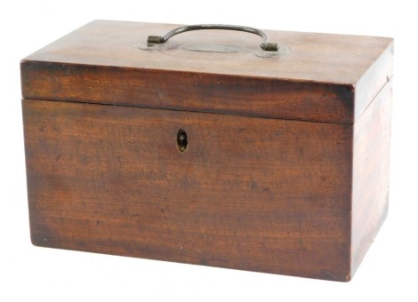 A 19thC mahogany tea caddy, the hinged lid with brass loop handle and plaque engraved with monogram enclosing two lidded caddies, lacking ;, 25cm wide.