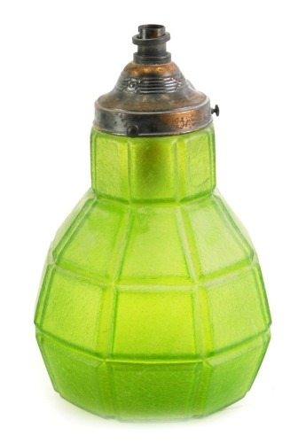 A green glass ceiling light, of square sectional design, with metal hanging, 32cm high.