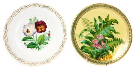 A 19thC porcelain dessert plate, decorated with flowers and ferns on a yellow ground within elaborate gilt green border, 23cm diameter, and a dessert plate painted with pansies, bearing registration mark, possibly Minton.