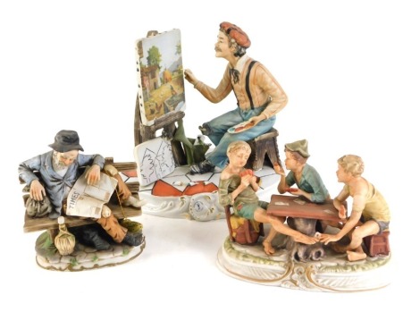 A Capodimonte porcelain figure of an artist, with easel, etc., a similar tramp seated at a bench, and a group of three children playing cards known as The Cheats. (3)