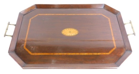 An Edwardian mahogany and satinwood banded tray, with two brass handles, 75cm wide.