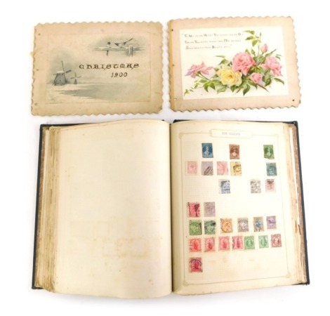 A stamp album, in original canvas case, a personal watercolour painted Christmas card dated 1900 To Dear Immie from your loving sweetheart Alan, and another card from the same Alan, painted with flowers. (3)