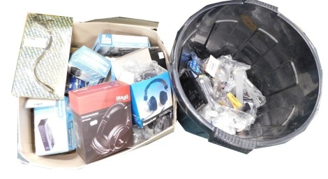 A large quantity of musical instrument and accessories, to include Stagg and other headphones, Sound Lab pedals, power supplies, guitar hanger, etc. (1 box)