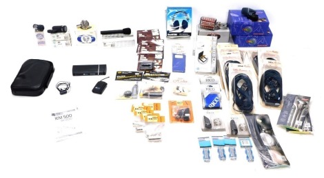 A quantity of musical instrument accessories, to include electric tower, pre amp leads, Rico lead case, guitar string cleaner, Sound Lab headphones, etc. (1 box)