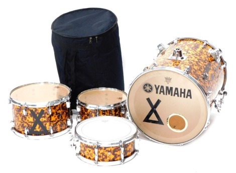 A Yamaha L Foster Hipgig small drum set, comprising bass, two toms toms and a snare, etc.