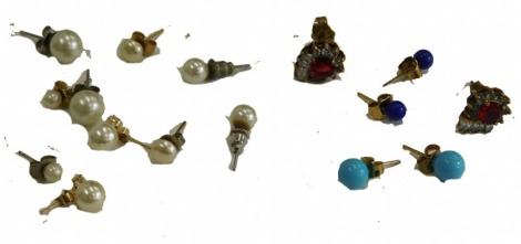 A group of dress earrings, comprising a pair of 9ct gold and paste stone set floral studs, a pair of lapis and a pair of imitation turquoise 9ct gold studs, 4.3g all in, and various 9ct gold and silver cultured pearl earrings. (a quantity)