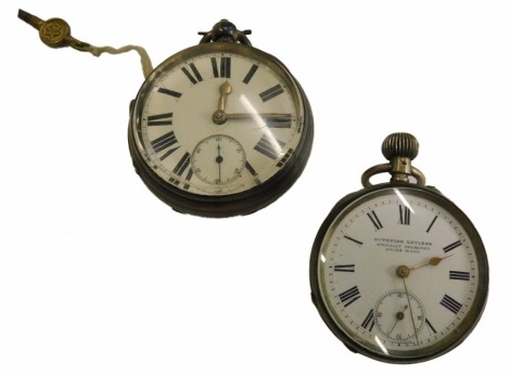 Two silver pocket watches, comprising a Victorian silver pocket watch, with white enamel Roman numeric dial and seconds dial, with gold hands, key wind, Chester, a Superior keyless Swiss white metal pocket watch stamped 800, 227.4g all in. (2)