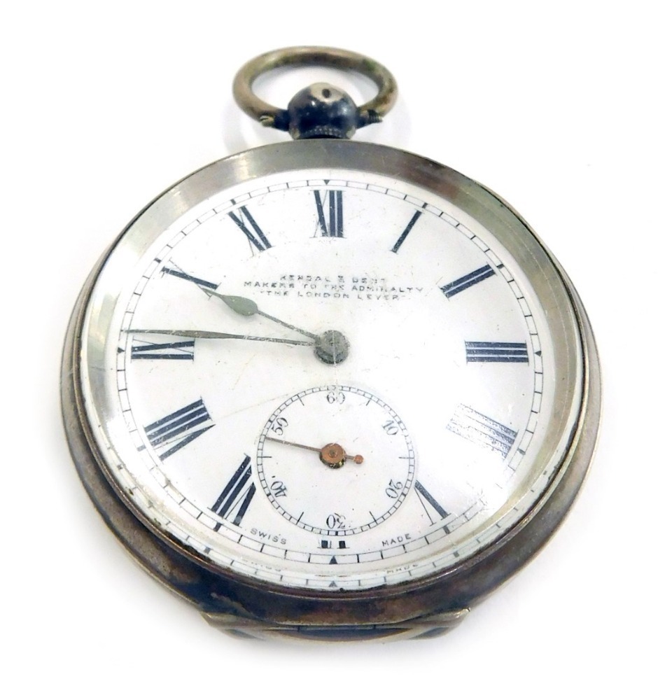 A Kendall and Dent London Lever silver pocket watch with white enamel Roman numeric dial and