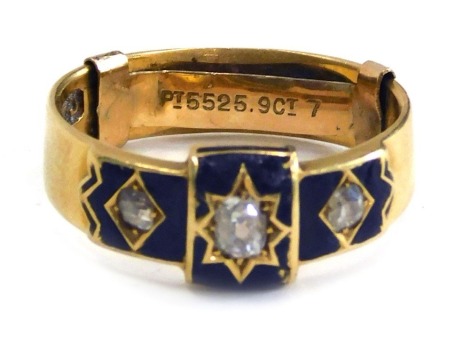 An 18ct gold Victorian memorial ring, set with three old cut diamonds, black enamel outer border, the central stone approx 0.10ct, flanked by two smaller stones, with 9ct gold later ring sizer, ring size K½, 5g all in.