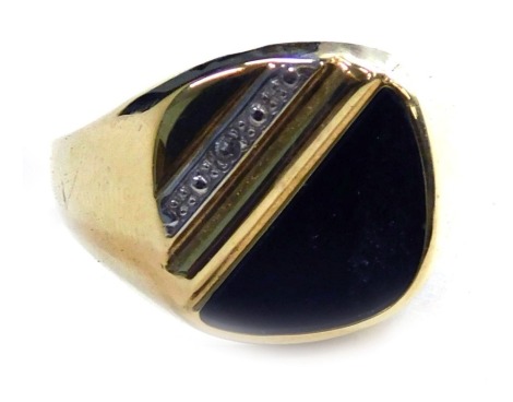 A 9ct gold signet ring, the square panel set with tiny diamond and black agate, ring size R, 2.8g all in.