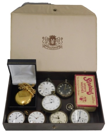 A collection of pocket watches, comprising a Westclox Pocket Ben stainless steel cased pocket watch, a black faced pocket watch, and various parts. (a quantity)