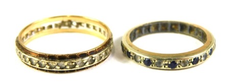 Two 9ct gold eternity rings, one set with sapphire and cz, ring size J½, and another set with imitation diamonds, ring size O½, 3.7g all in.