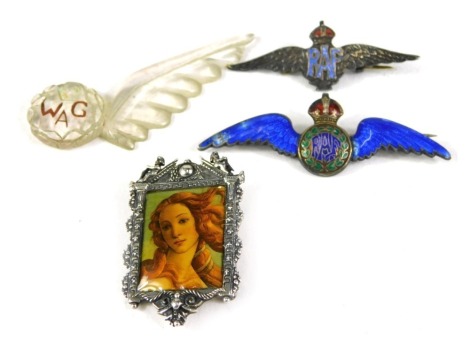 A silver and enamel RAF wings brooch, 6cm wide, a silver and partial enamel silver wings brooch, 4.5cm wide, a WAC plastic wing, and a silver portrait brooch, 3cm high. (4)