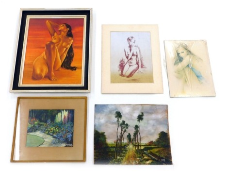 A group of pictures and prints, comprising after Charlie Delhaule nude female, 49cm x 37cm, a oil on board forest scene signed WMB, little orchard after Audrey semi nude prints, etc. (a quantity)