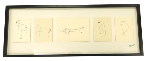 After Pablo Picasso. Animal sketches, to include flamingo, horse, dog, penguin, and bird, print, 36cm x 102cm, in modern black frame.