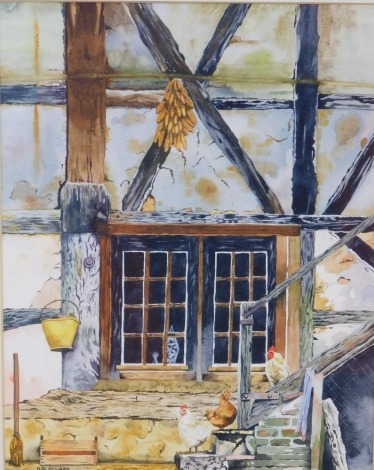 H. W. Allard (20thC). Hens before window, gouache, signed, 33cm x 26cm.