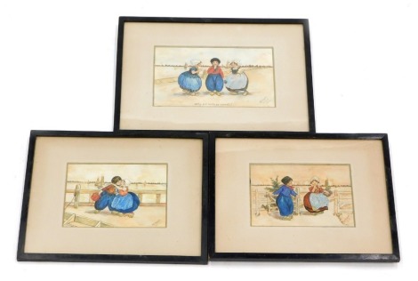 M. E. Tugwell. Children before boats, watercolour over print, signed and dated (19)14, 11cm x 15cm, and others similar. (3)