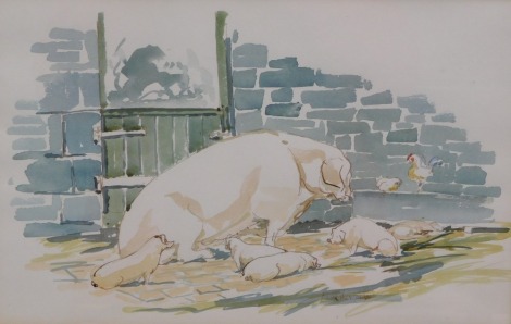 20thC School. Pigs in a barn, watercolour, indistinctly signed, 25cm x 38cm.