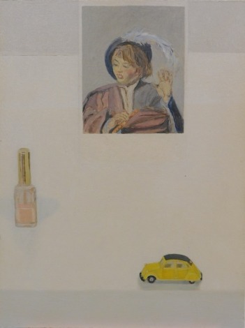 20thC School. Nail varnish, toy Citroen and portrait, acrylic on panel, indistinctly signed and dated 2000 verso, 29cm x 21cm.