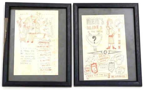 20thC School. Men's Things in the Basin Beware, satirical cartoon, pen, unsigned, 18cm x 11cm, and another similar. (2)