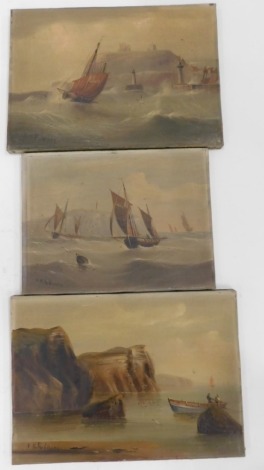 Edward King Redmore (1860-1941). Rowing boat on calm sea, with cliffs in the distance, oil on canvas, signed, Rowney stamp verso, 26cm x 35cm and another boats on stormy seas - a pair, and a further Redmore painting, boats on rough waters (smaller) (3).