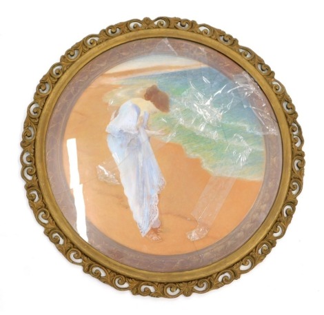 20thC School. Beach scene, pastel, 44cm diameter, in gilt frame. (AF)