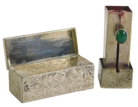 A 1950s lipstick holder, in a silver plated floral case, with stone inlaid panel of flowers, numbered 48, 5.5cm high.